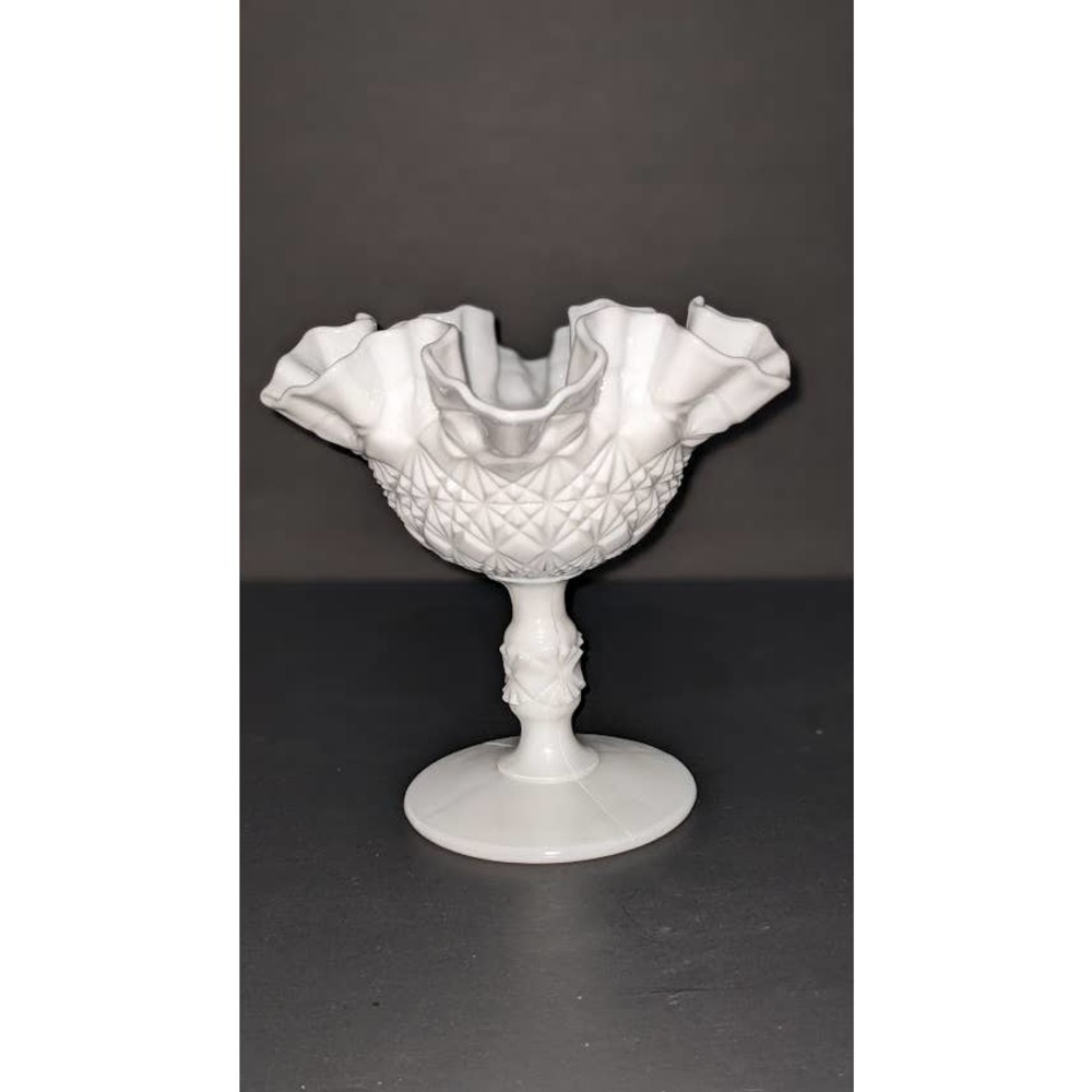 Fenton Milk Glass, Fine Cut and Block Ruffled Compote, Pedestal Candy Dish